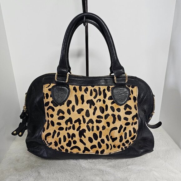Audrey Brooke Brown Black Calf Hair Leopard Leather Satchel Bag - Picture 1 of 16